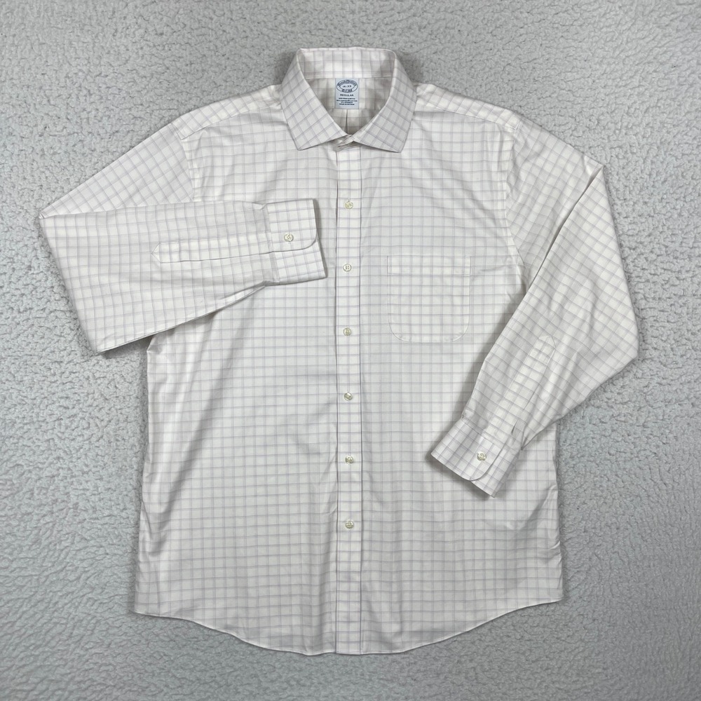 Brooks Brothers Dress Shirt Men 16-33 White Check Non-Iron Preppy Classic Office